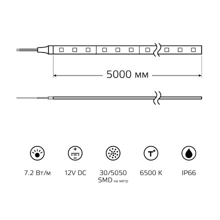 Лента LED 5050/30-SMD 7.2W 12V DC холодный белый IP66 (блистер 5м) во Владивостоке 